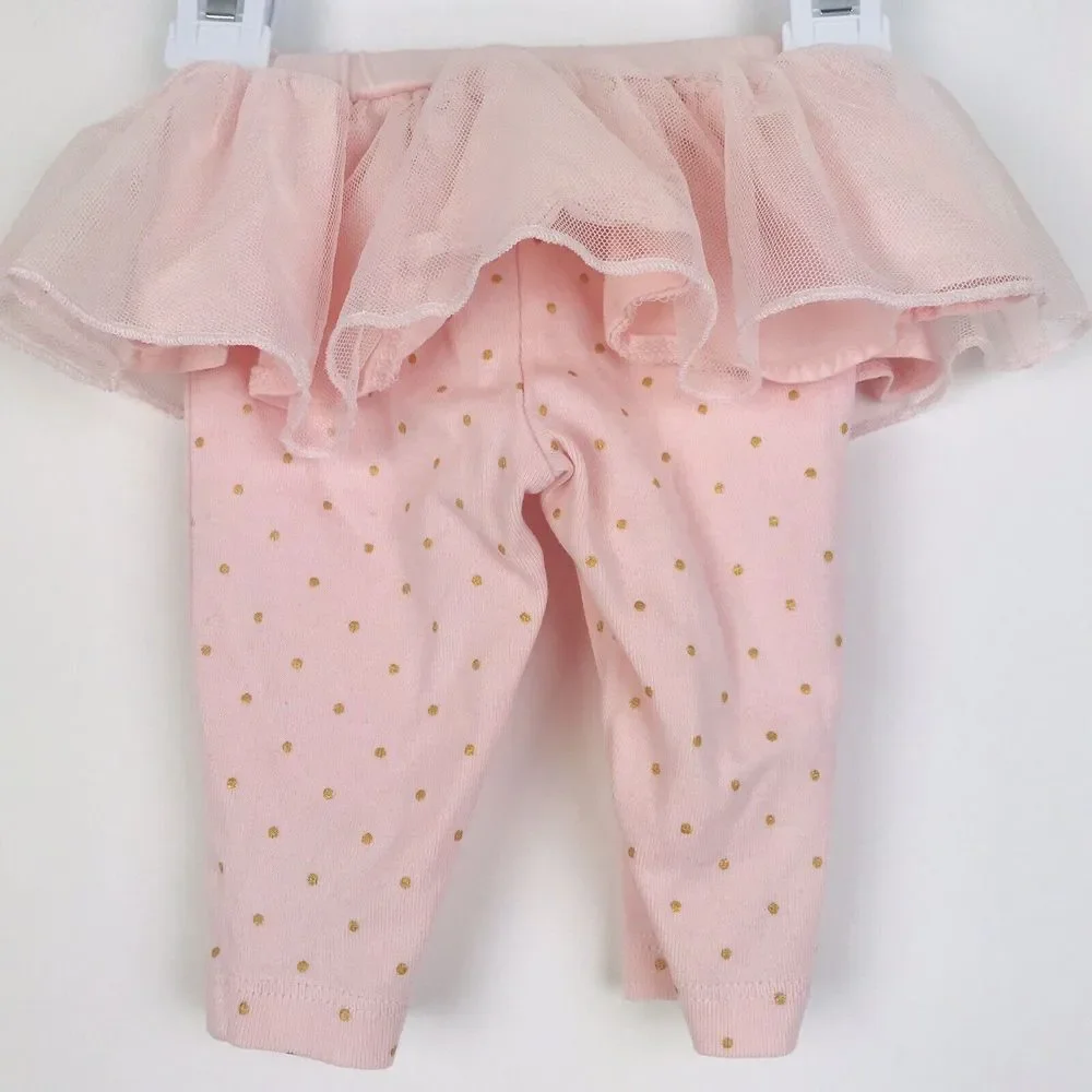 Carter's Baby Girl Leggings Pink Gold Polka Dot w/‎ Tulle Skirt Size 3 Mo